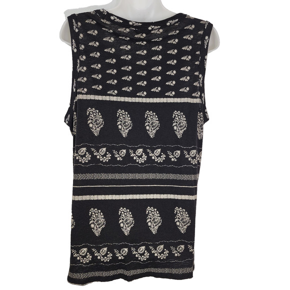Lucky Brand Womens Embroidery Print Tank Top Large Black Linen Blend Boho Hippie - Picture 2 of 10